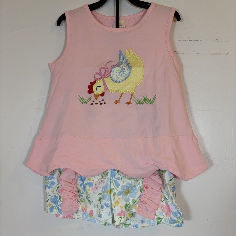 NEW Boutique 3T Embroider Chicken Spring Easter Chick Floral Scallop Outfit Set
